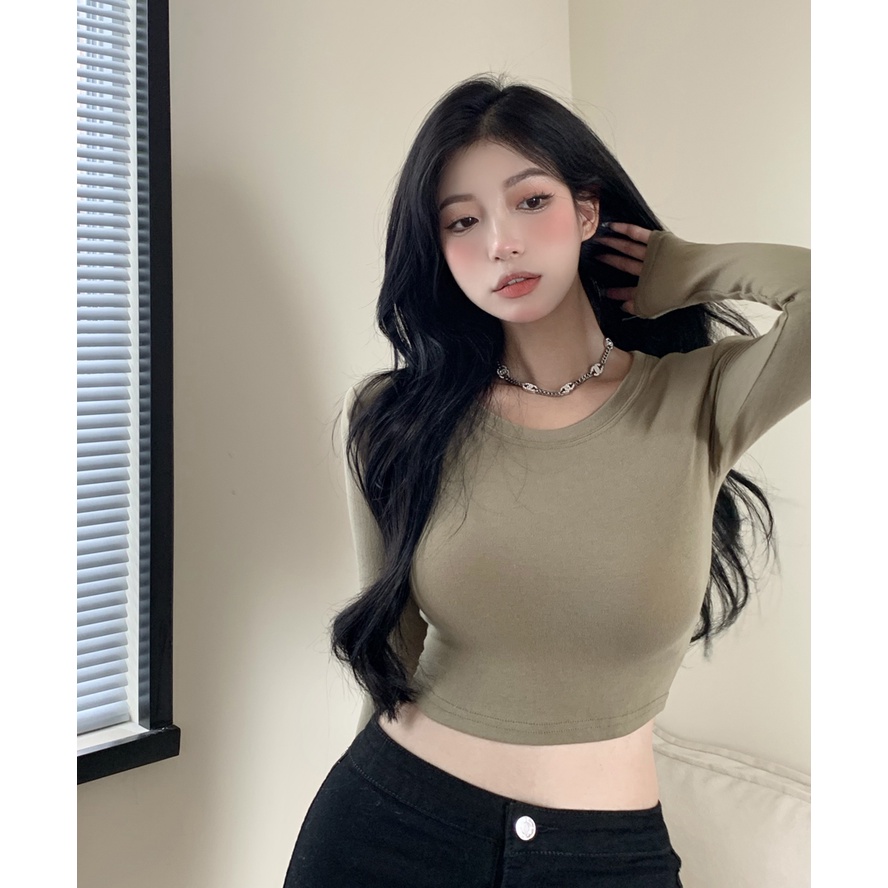 HUANG YOYO Áo Thun Tay Dài Cổ Tròn Thời Trang Quyến Rũ Phong Cách Hàn Quốc Cho Nữ