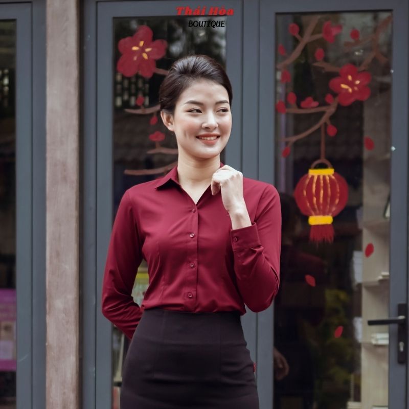 Áo sơ mi nữ công sở kiểu dài tay vải sợi tre cao cấp màu đỏ đô Thái Hoà 8919-12-01