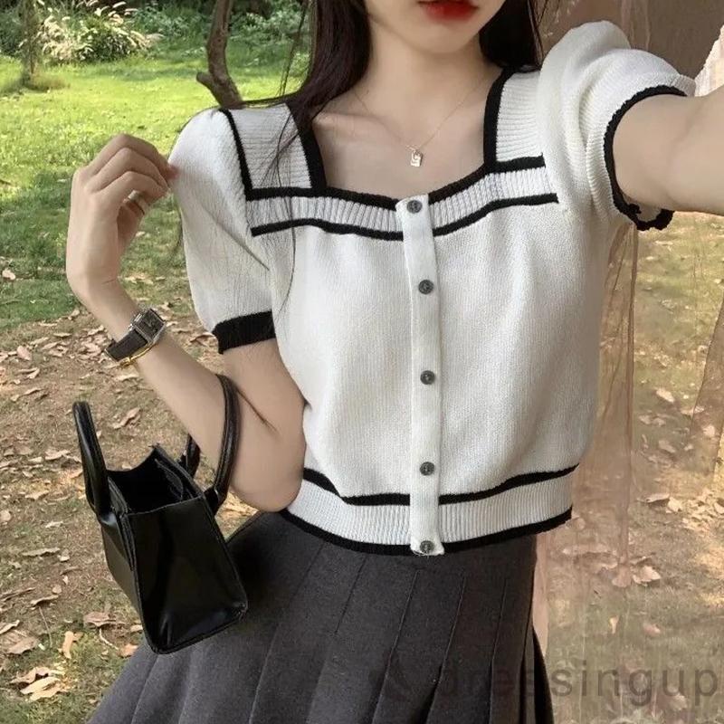 Áo Thun Ngắn Tay Cổ Vuông Hở Lưng Phối Nút Màu Sắc Tương Phản Cho Nữ