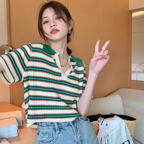 Áo croptop polo ZHELIHANGFEI dệt kim tay ngắn kẻ sọc kiểu vintage dễ thương thời trang