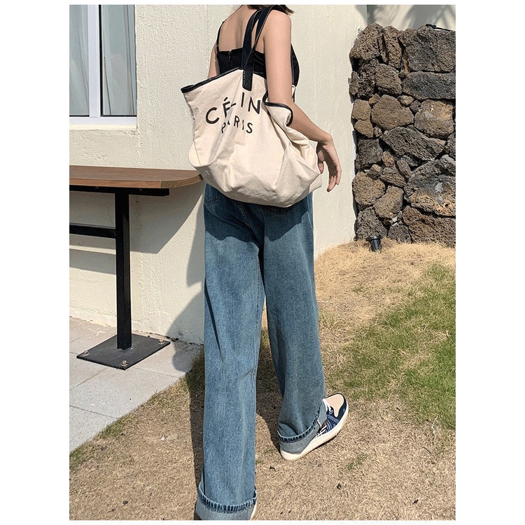 Quần Jean Ống Rộng Lưng Cao Màu Xanh Dương 2022 Thời Trang Xuân Thu Phong Cách Mới Cho Nữ