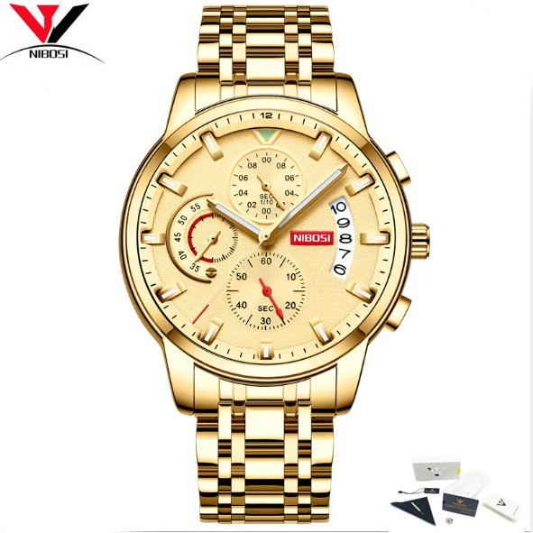 Đồng hồ nam dây thép không gỉ 6 kim fullbox Nibosi 2358 (vàng)