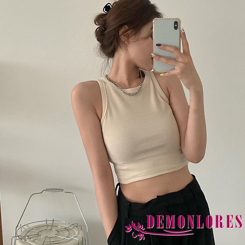 Áo croptop sát nách cổ tròn màu sắc đơn giản cho nữ