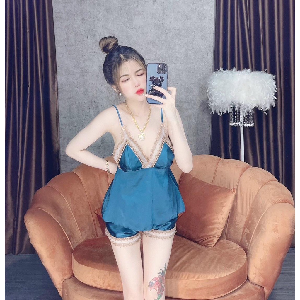 Bộ satin ren kem có mút ngực cho nữ mặc nhà, mặc ngủ, hàng đẹp, vải satin loại 1, bảng màu tôn da