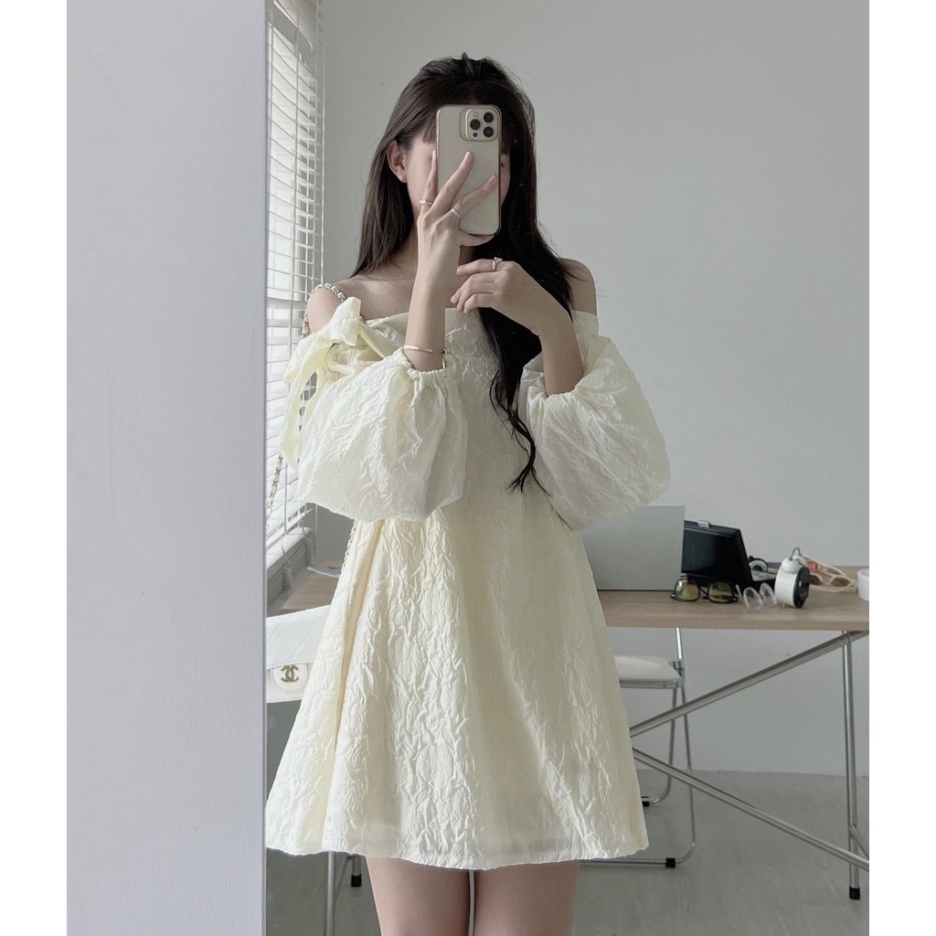 [Ảnh thật/Sẵn] Áo váy xốp gấm trễ vai thắt nơ vai dáng xòe giấu quần