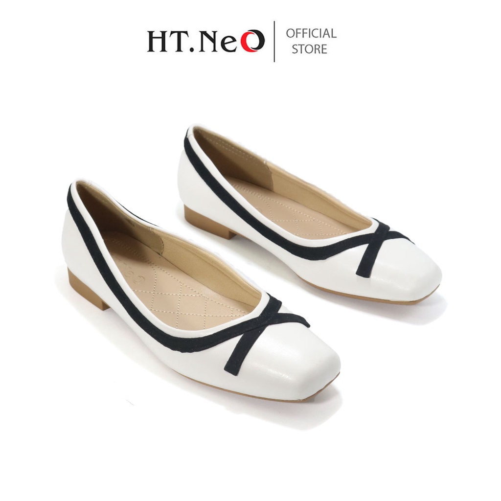 Giày búp bê nữ HT.NEO mũi vuông gắn nơ da thật ,thiết kế trẻ trung ,thanh lịch GL02