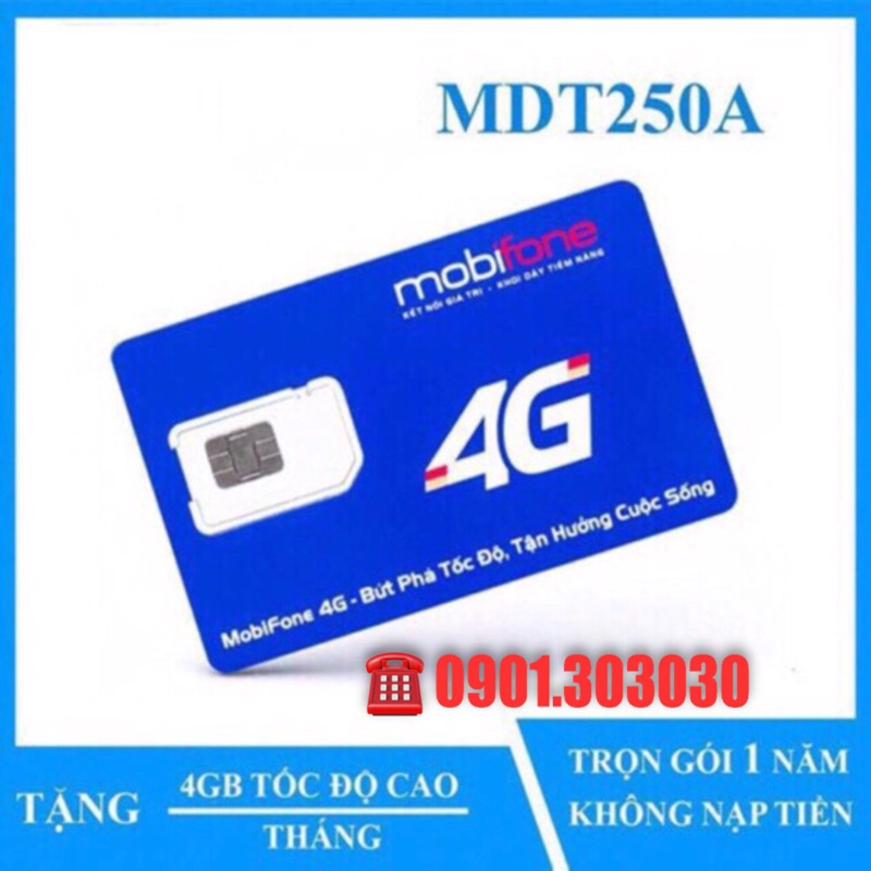 SIM 4G Mobifone MDT250A- 4GB/THÁNG. Dùng DATA trọn gói 1 năm không nạp tiền