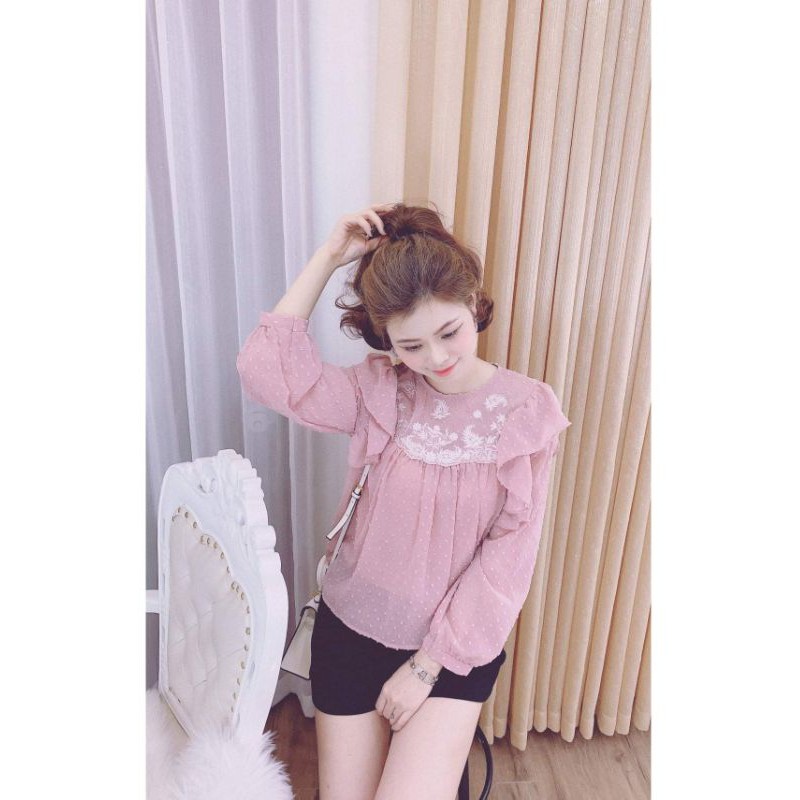 Áo babydoll hạt nổi cổ bèo thêu hoa hàng QC