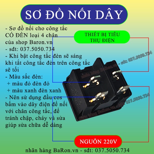 Công tắc có đèn xanh/đỏ KCD5 6A/250V 2 trạng thái on/off