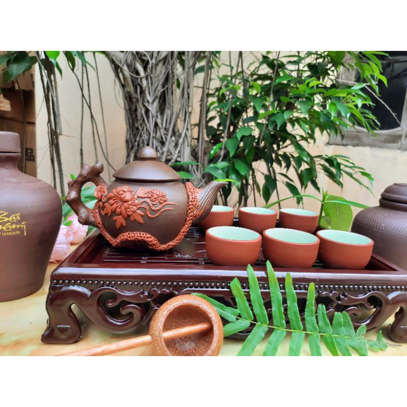 [Tặng 2 chén] Bộ Ấm Chén Tử Sa Bát Tràng Trạm Hoa Nổi Cực Sang Trọng, Tinh Tế.