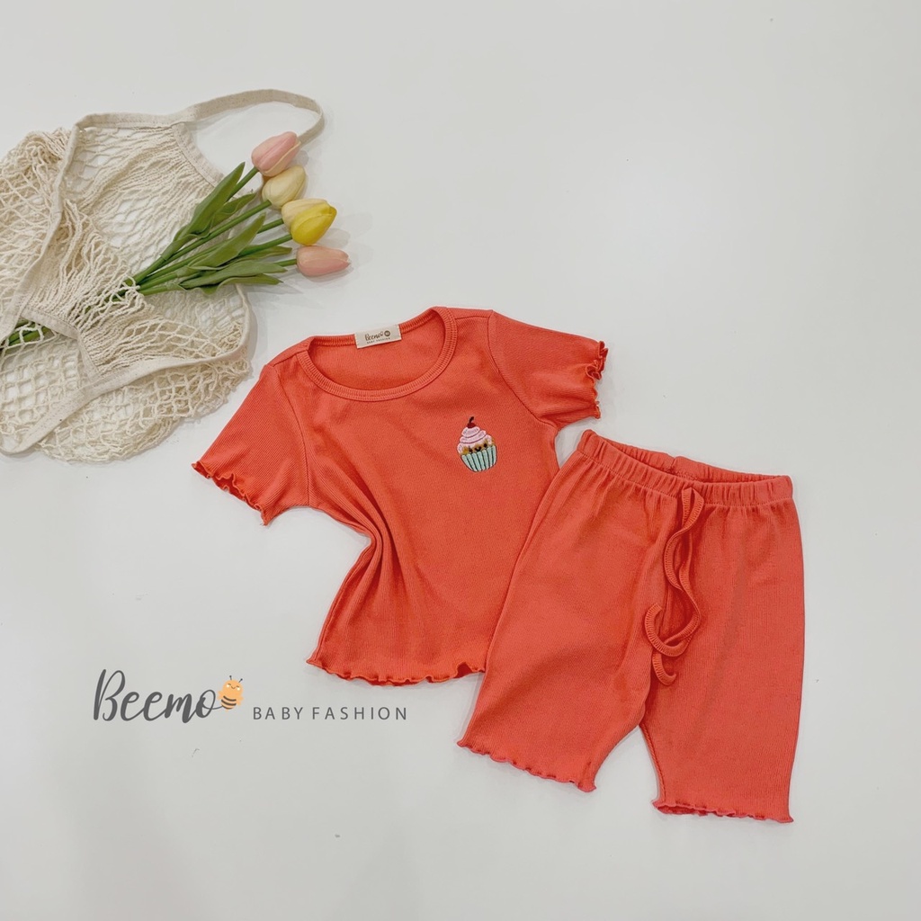 Bộ Cộc Thun Tăm Bé Gái Beemo Thêu Ngực Xoăn Biên Mềm Mại Màu Trơn Cực Sang