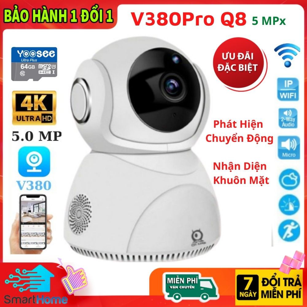 CAMERA Wifi 5.0Mpx V380Pro Q8 Chính Hãng Xoay 360° - Đàm Thoại 2 Chiều, Xoay Theo Chuyển Động, Nhận Diện Khuôn Mặt