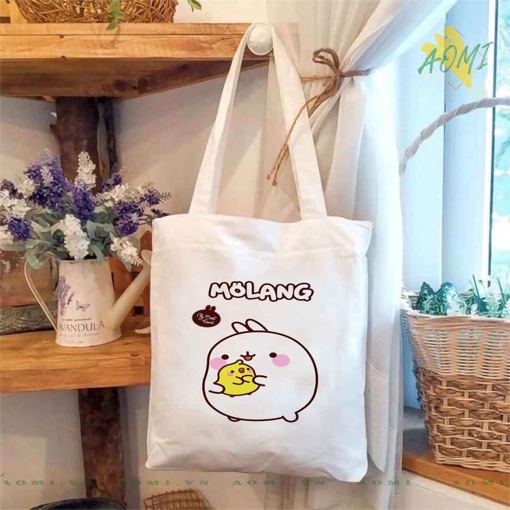 TOTE CANVAS friend molang TÚI VẢI ĐEO VAI BAG CÓ KHÓA KÉO SIZE LỚN 33x38cm AOMIVN DU LỊCH DẠO PHỐ