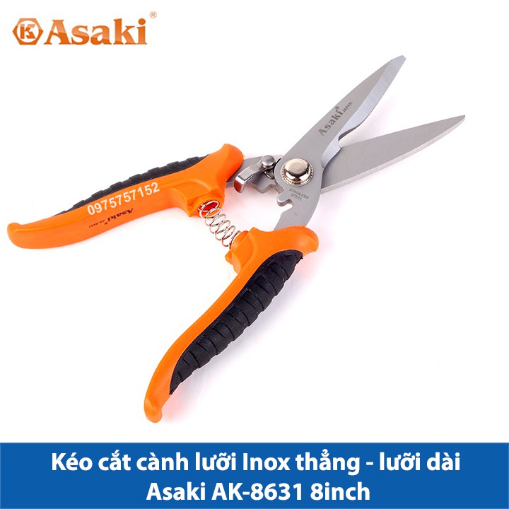 Kéo cắt cành lưỡi Inox thẳng - lưỡi dài Asaki AK-8631 8inch/200mm