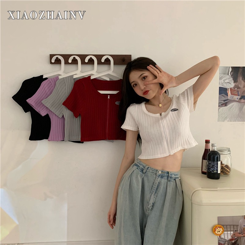 Áo Croptop Xiaozhainv Tay Ngắn Phối Khóa Kéo Phong Cách Hàn Gợi Cảm Với 5 Màu Tùy Chọn Cho Nữ