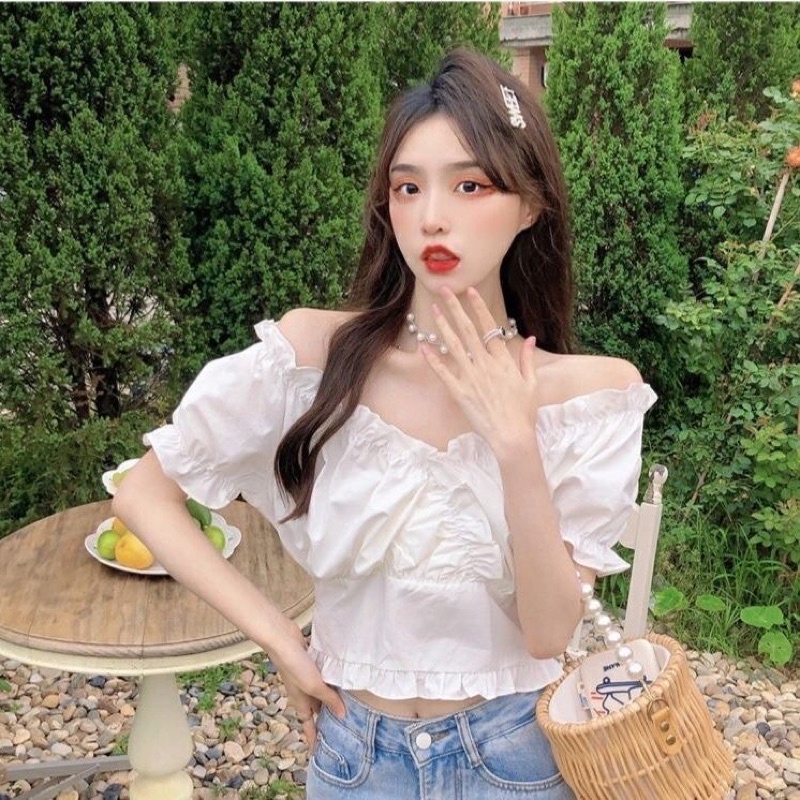 Áo Croptop nữ trễ vai tay ngắn bồng dáng ôm phong cách Hàn Quốc mã QD118