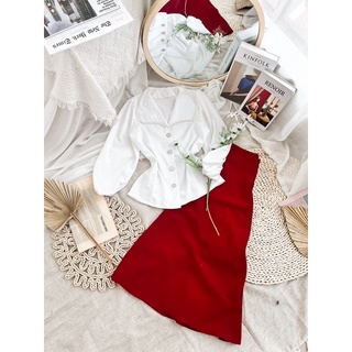 Set áo sơ mi tay dài bồng + chân váy đỏ