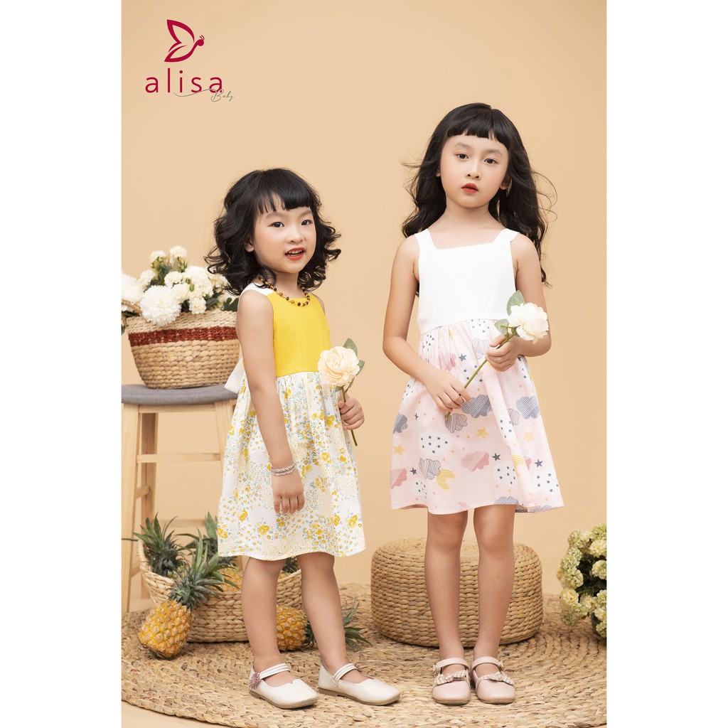 Váy cho bé gái AlisaBaby, váy hai dây dáng xòe họa tiết cực xinh. Đầm cho bé gái đáng yêu