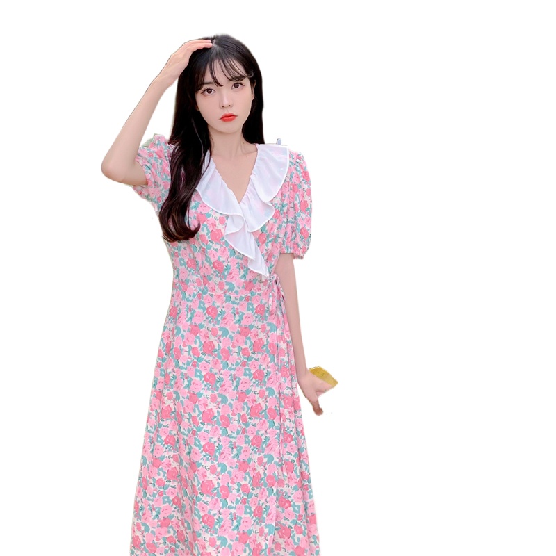 Đầm hoa PERTY cổ chữ V phối bèo phong cách Hàn Quốc thời trang mùa hè xinh xắn cho nữ