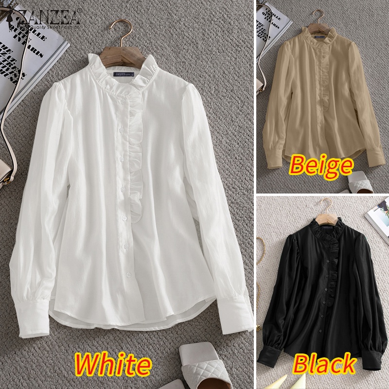 ZANZEA Áo Kiểu Tay Dài Phồng Cổ Bèo Màu Trơn Phong Cách Retro Cho Nữ