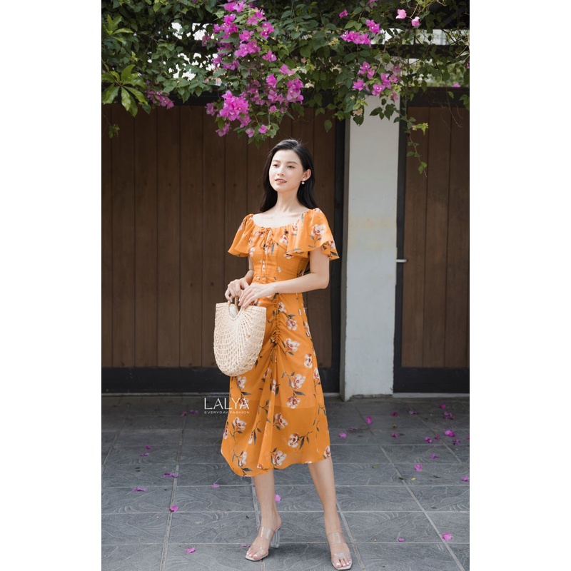 LALYA_Váy hoa cam rút nhún nơ ngực