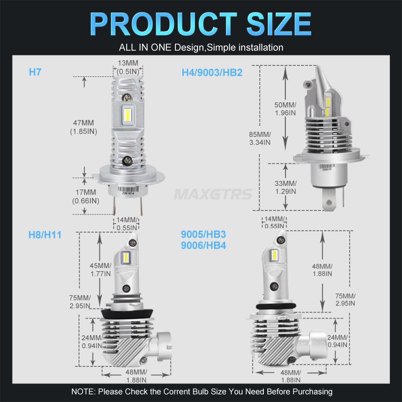 Bóng Đèn LED MAXGTRS H11 H4 H7 Mini 9005 9006 HB3 HB4 H8 Ánh Trắng 6000K Không Dây Kích Thước 1:1 Làm Đèn Pha Xe Hơi