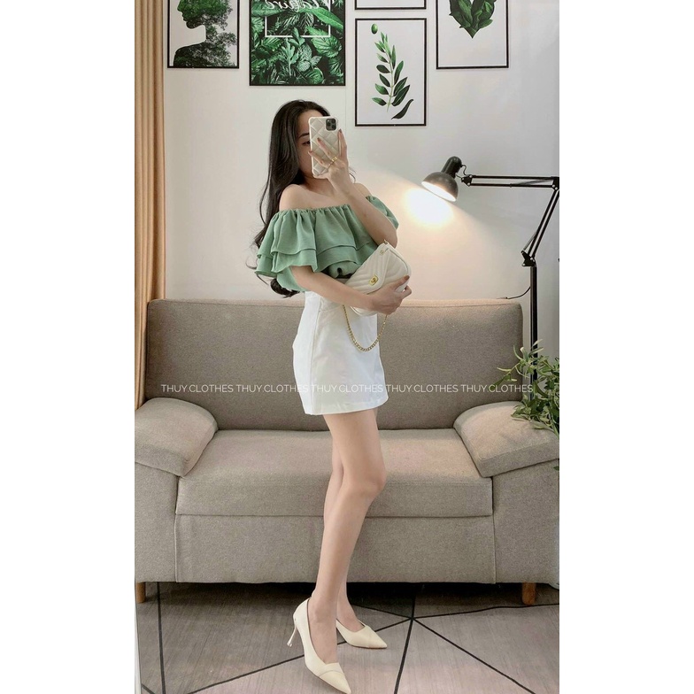 Set váy nữ áo trễ vai xanh váy trắng, set đùi nữ đi chơi, đi biển bánh bèo