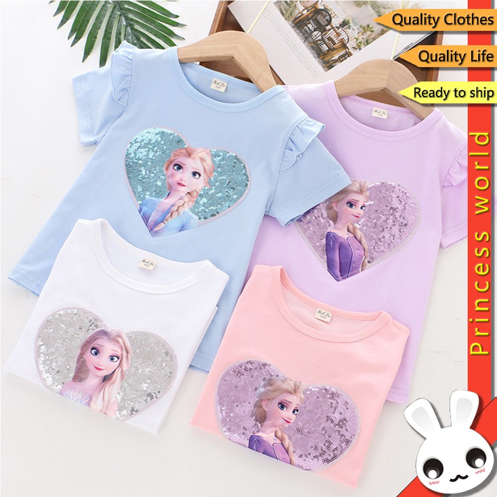 Áo thun cổ tròn tay ngắn in hình công chúa thời trang mùa hè dành cho bé gái