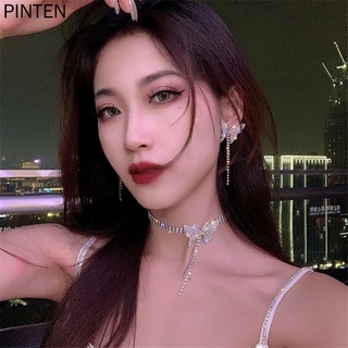 Bộ Dây Chuyền + Bông Tai Đính Đá Hình Nơ Đơn Giản Cho Nữ
