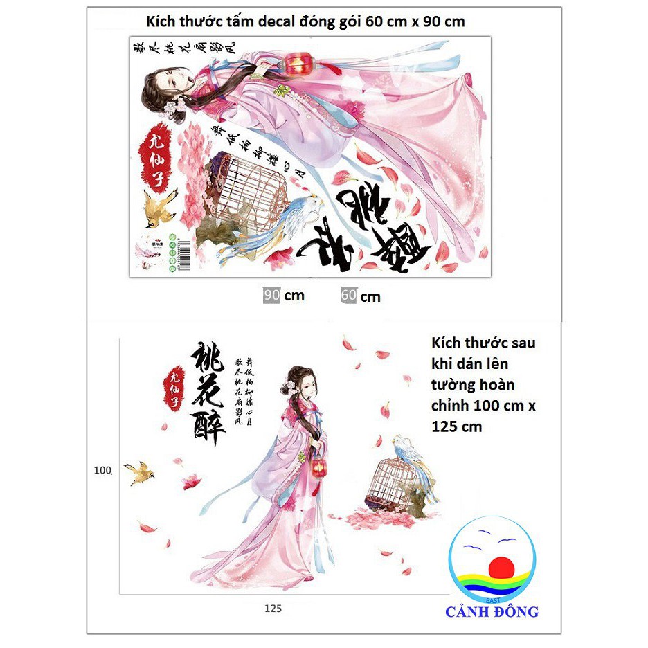 Decal dán tường cô gái và hoa đào nghệ thuật
