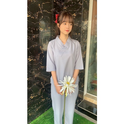Đồ lam đi chùa - Mẫu 1 nút không thêu có size tới 85kg