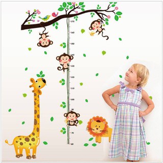 Decal dán tường thước đo hươu vàng và khỉ