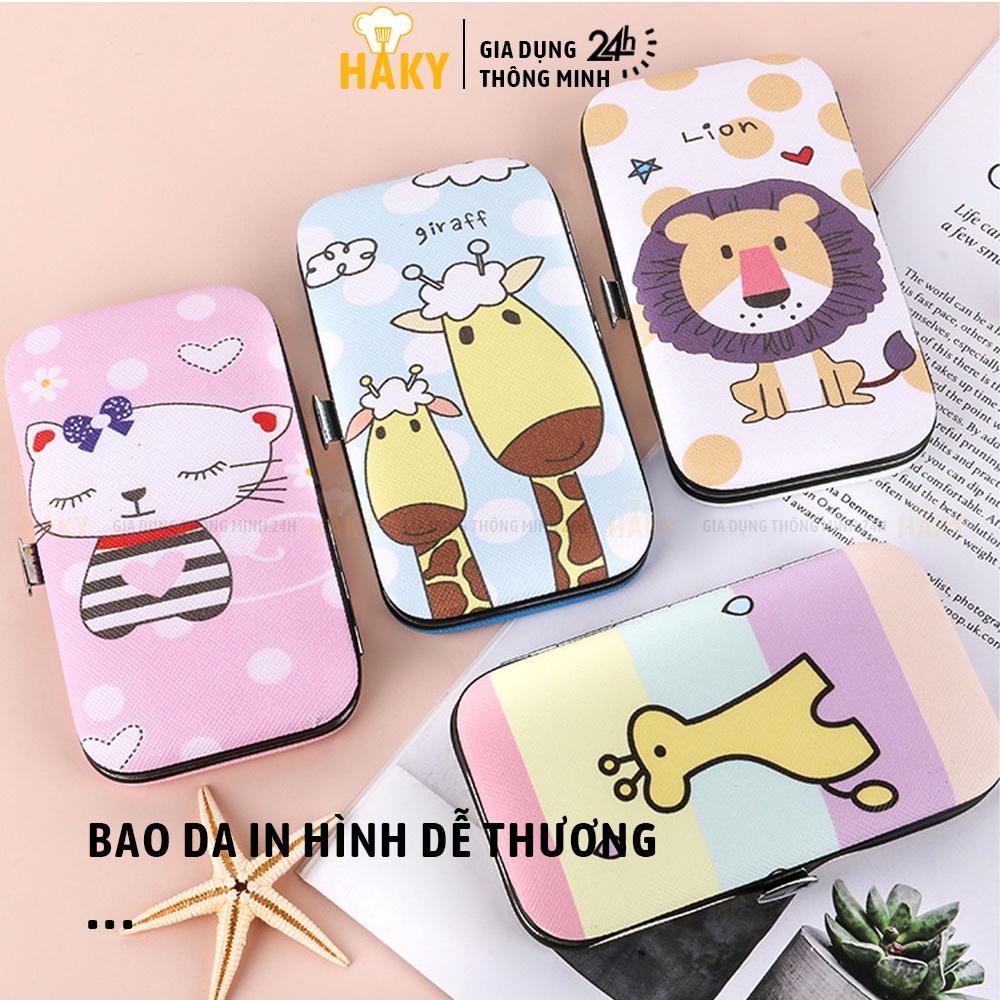 Bộ bấm móng tay 7 món thép không gỉ bao da in hình ngộ nghĩnh HAKY014, bộ dụng cụ cắt móng đa năng fullbox cao cấp