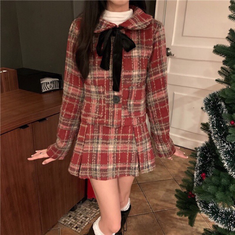 Set áo + chân váy dạ hoạ tiết kẻ caro Xmas [Yannie]