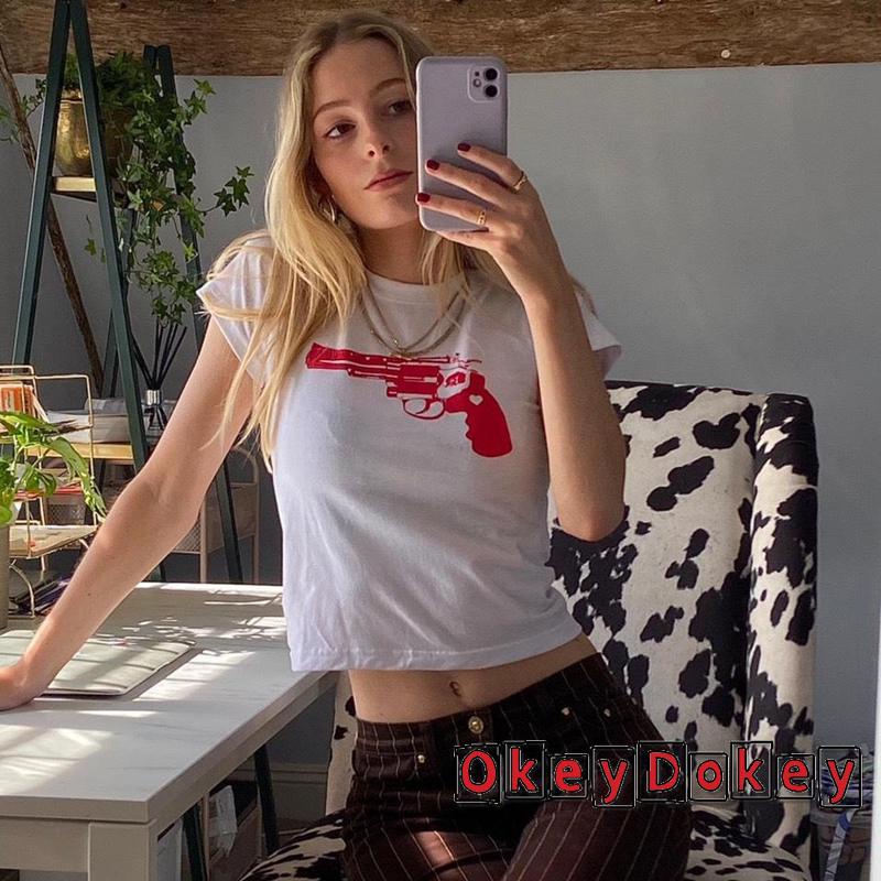 Áo Thun Croptop Cổ Tròn Tay Ngắn Dáng Ôm In Họa Tiết Thời Trang Mùa Hè Cho Nữ OKDK-y2k