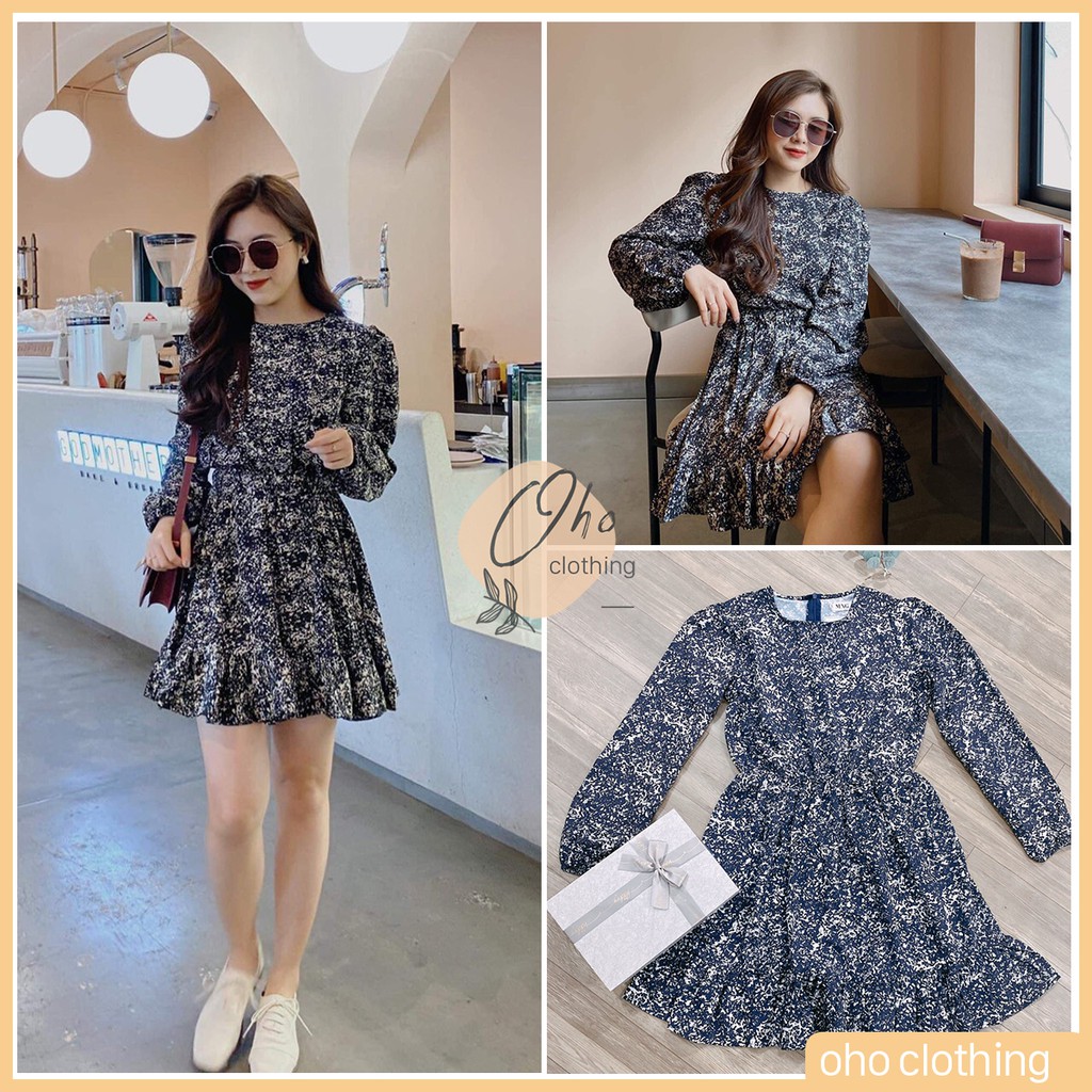 Váy Hoa Nhí Vintage Dài Tay Chun Eo Bánh Bèo Sang Chảnh - Có Ảnh Thật - Oho Clothing