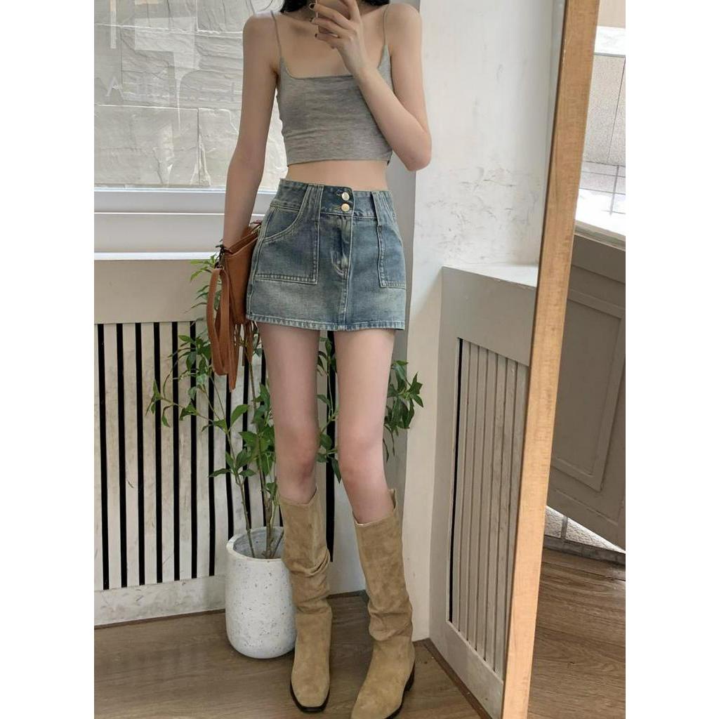 Chân Váy Denim Phối Nút Đôi Lưng Cao Phong Cách Retro Cá Tính 63792