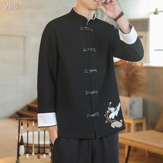 ♟♤∋Phong cách Trung Quốc Tang phù hợp với nam giới bình thường kích thước lớn nút bản cổ áo khoác Hanfu của vải lanh mỏn