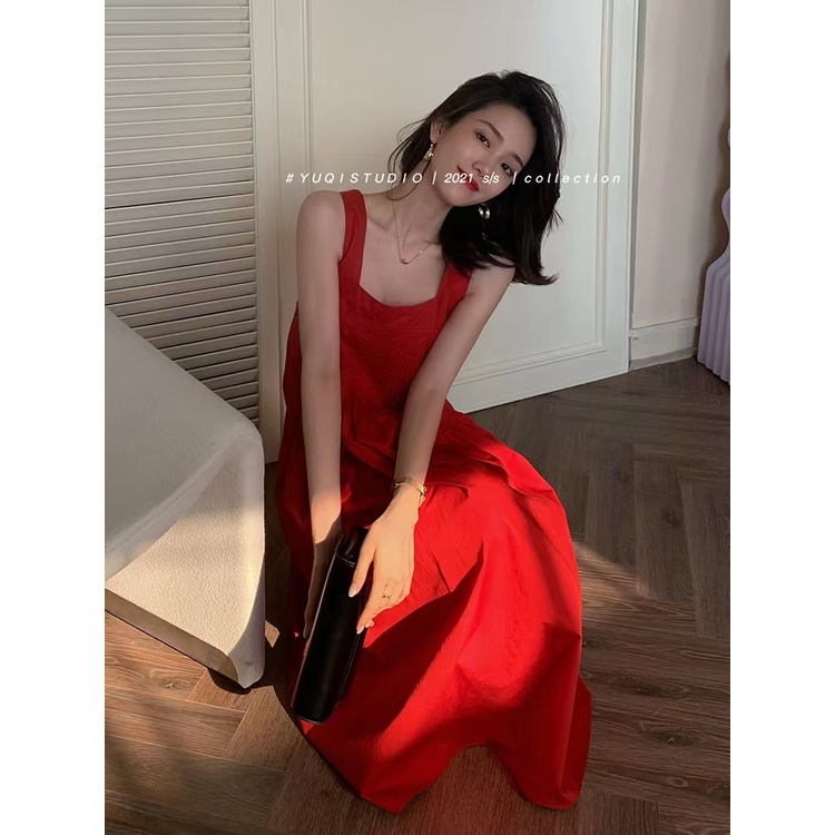 Đầm Dáng Chữ a Hai Dây Hở Lưng Màu Đỏ Phong Cách Pháp 2022 Thời Trang Đường Phố