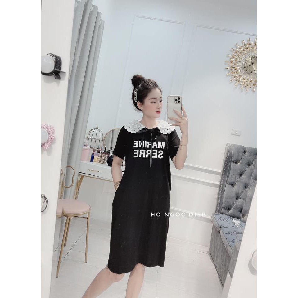 VÁY SUÔNG ĐEN IN CHỮ PHỐI CỔ REN TRẮNG