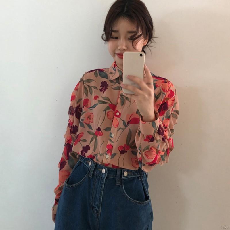 Áo Nữ Tay Dài Cổ Chữ V In Hoa Thời Trang Hàn Quốc