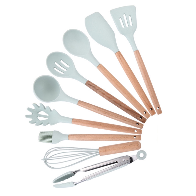 NA| Silicone Kitchen Cooking Utensils Natural Wood Handle Cooking Tools Turner Tongs Spatula Spoon with Organizer - Blue
