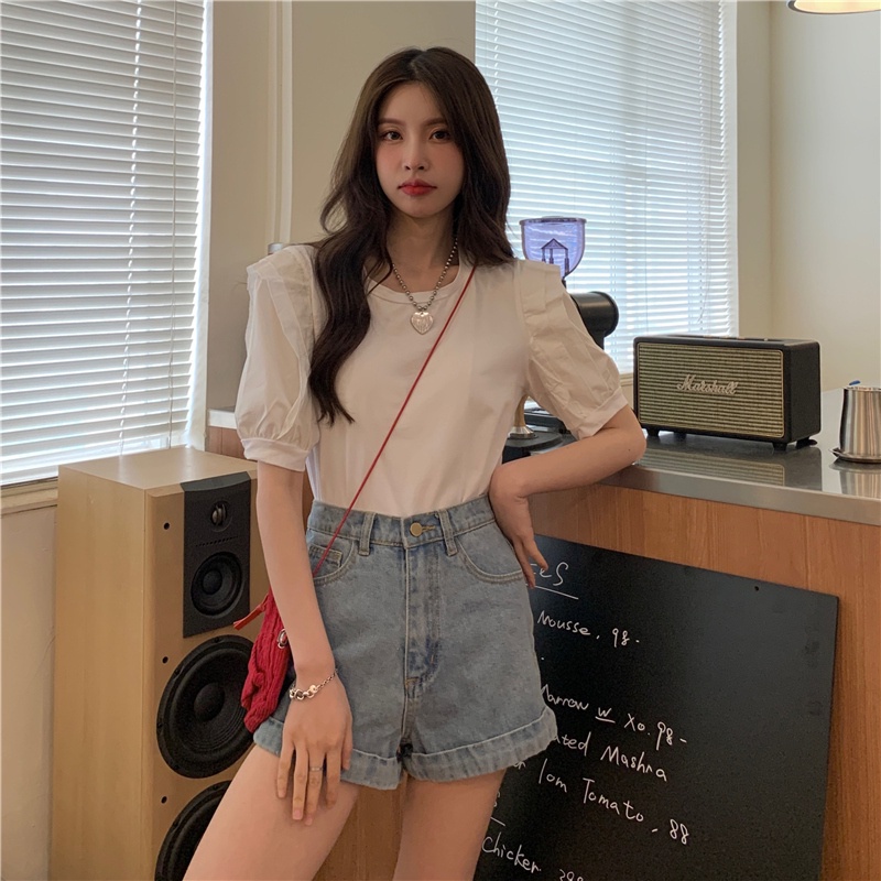 Áo Thun Tay Ngắn Cổ Tròn Phối Bèo Nhún Đơn Giản Phong Cách Hàn Quốc