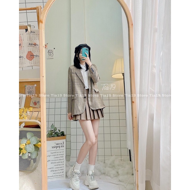 Áo blazer kẻ ô ulzzang Tia19 . Áo khoác vest dáng dài form rộng ( Ảnh thật)