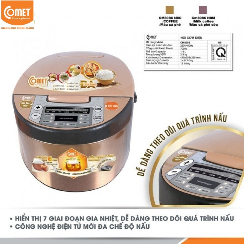 CM8086N8 - NỒI CƠM ĐIỆN TỬ NẮP GÀI 3D COMET 1.8L (5-6 NGƯỜI ĂN) BẢO HÀNH CHÍNH HÃNG 12 THÁNG