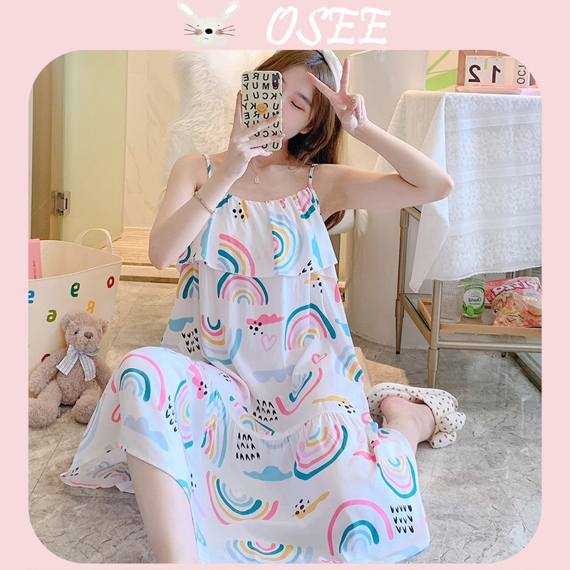 Đồ ngủ Hai Dây Dáng Dài Vải Lụa cotton Mỏng In Hoa Nhỏ Kiểu Nhật Bản Thời Trang Xuân Hè Cho Bạn Gái