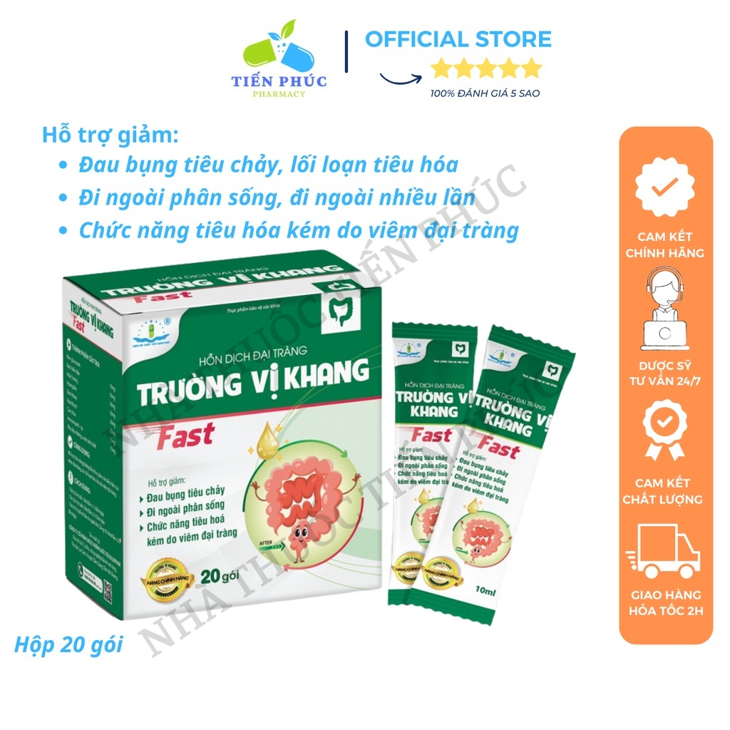 Hỗn Dịch Đại Tràng TRƯỜNG VỊ KHANG Fast - Hỗ Trợ Giảm Đau Bụng Tiêu Chảy, Đi Ngoài Phân Sống, Viêm Đại Tràng Hộp 20 gói