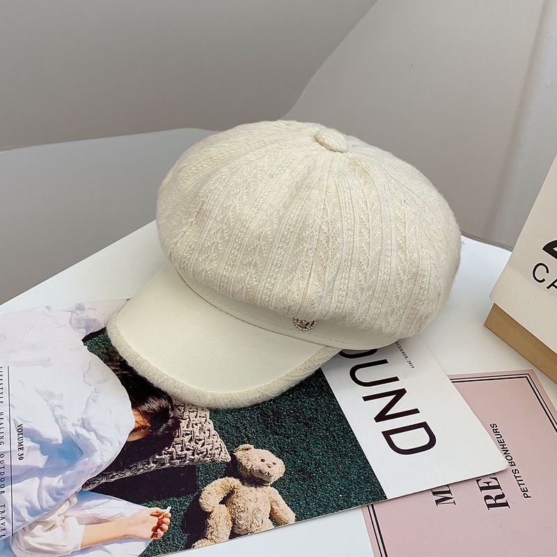 Mũ beret da PU họa tiết kẻ sọc thời trang retro cho nữ