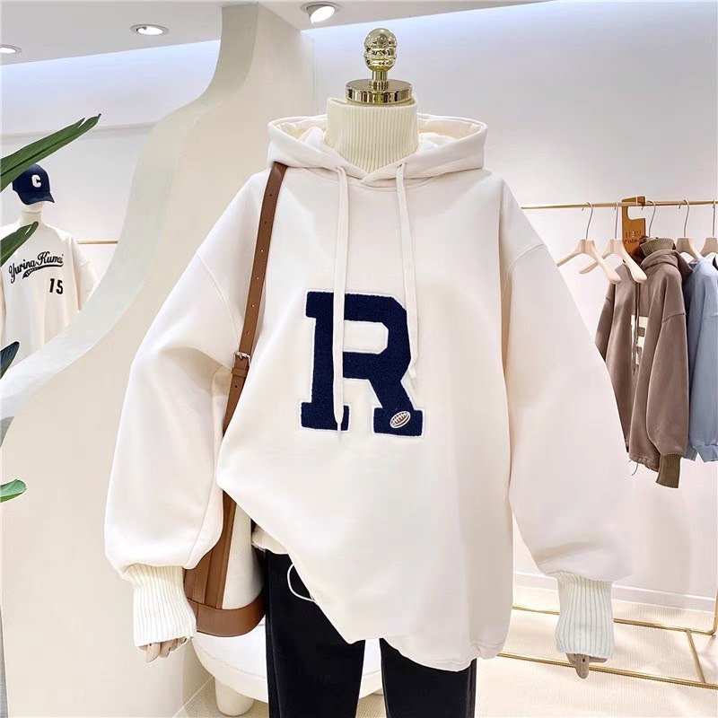 Áo hoodie vải nỉ Lót Bông Dày Dặn Thêu R Unisex Form Rộng