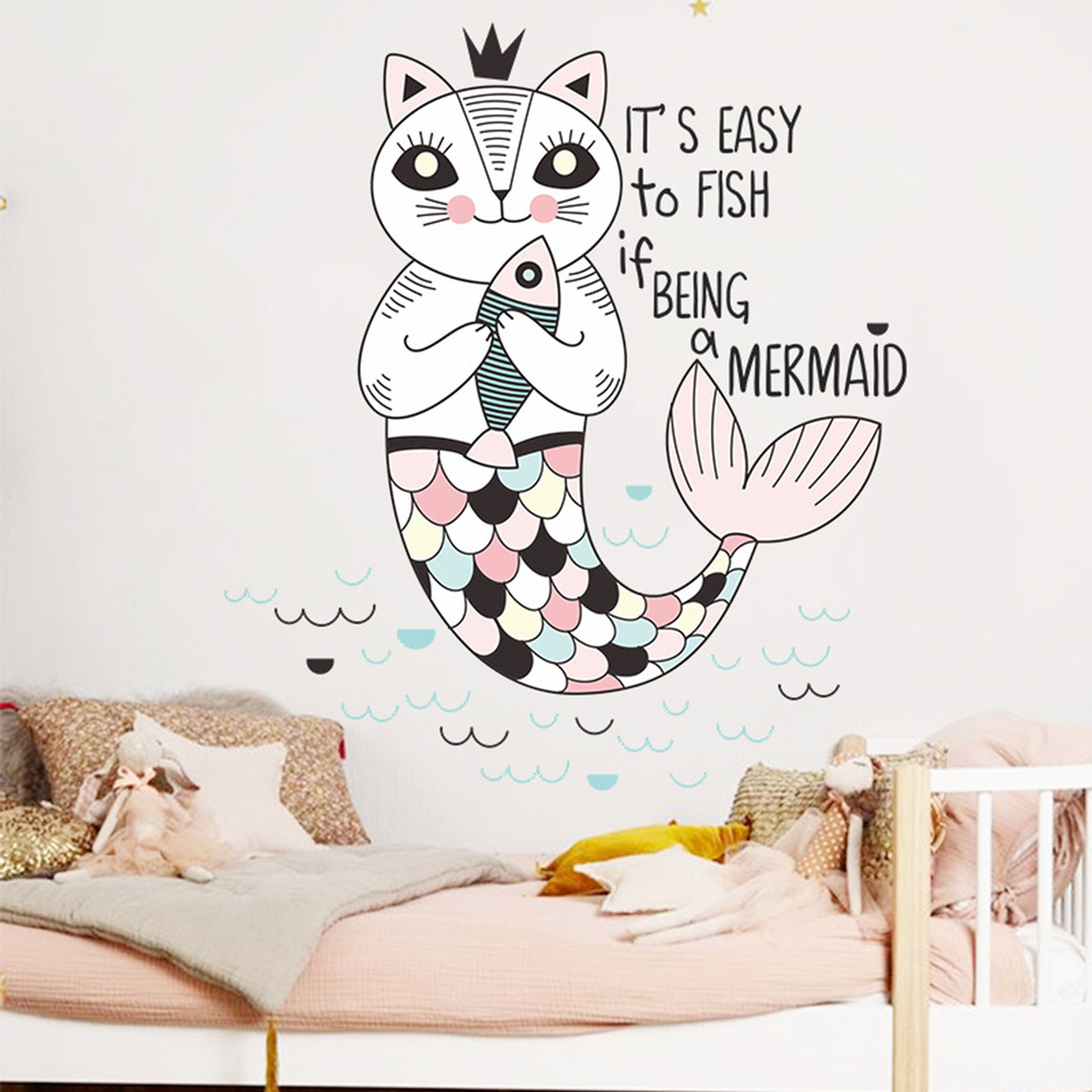 【Green】Cartoon Kitten Mermaid Wall Sticker Kids Room Self-adhesive Background Decals